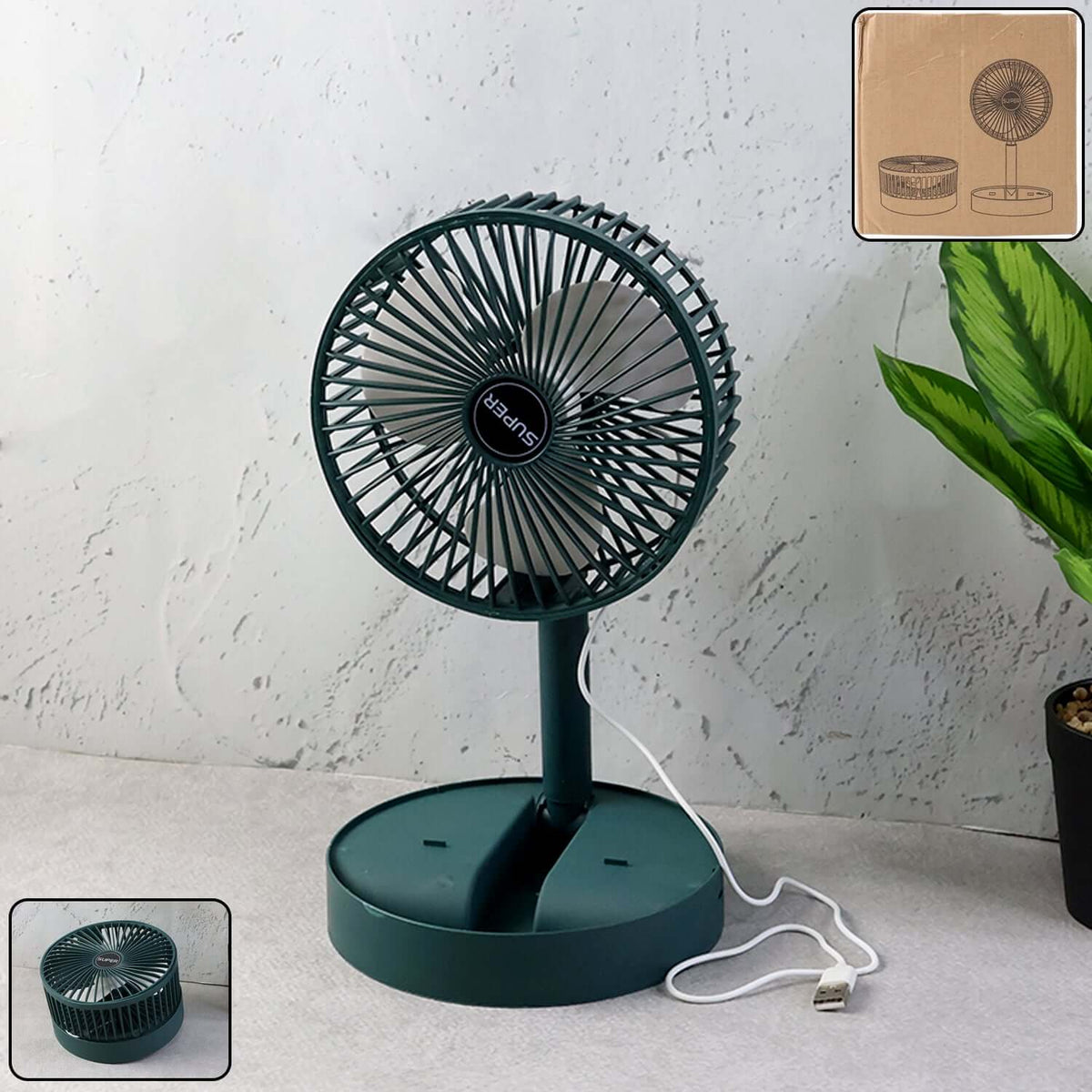 Foldable mini USB desk fan with adjustable height and angle, perfect for desk use and convenient storage.