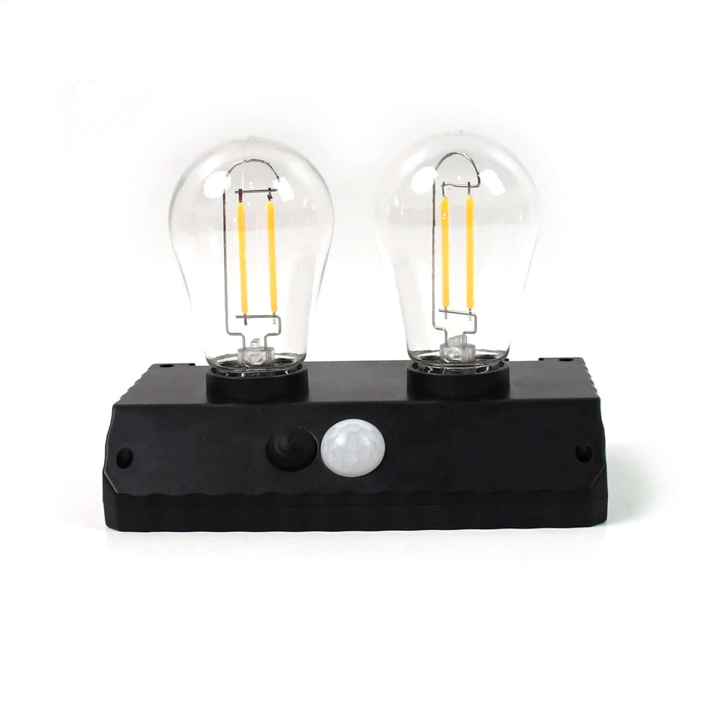 Solar powered LED wall lamp featuring two bulbs and a motion sensor for automatic lighting.
