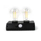 Solar powered LED wall lamp featuring two bulbs and a motion sensor for automatic lighting.