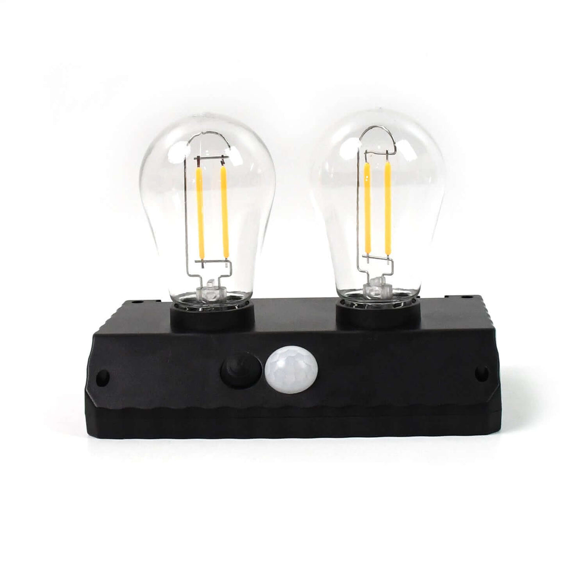 Solar powered LED wall lamp featuring two bulbs and a motion sensor for automatic lighting.