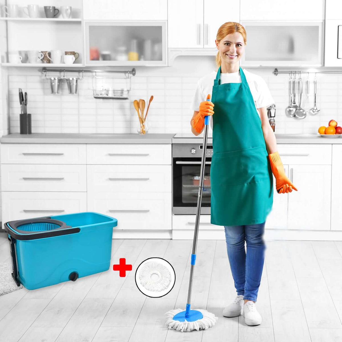 hands-free spin mop with wheeled bucket standing in a kitchen near a mop bucket, held by a smiling woman in an apron.