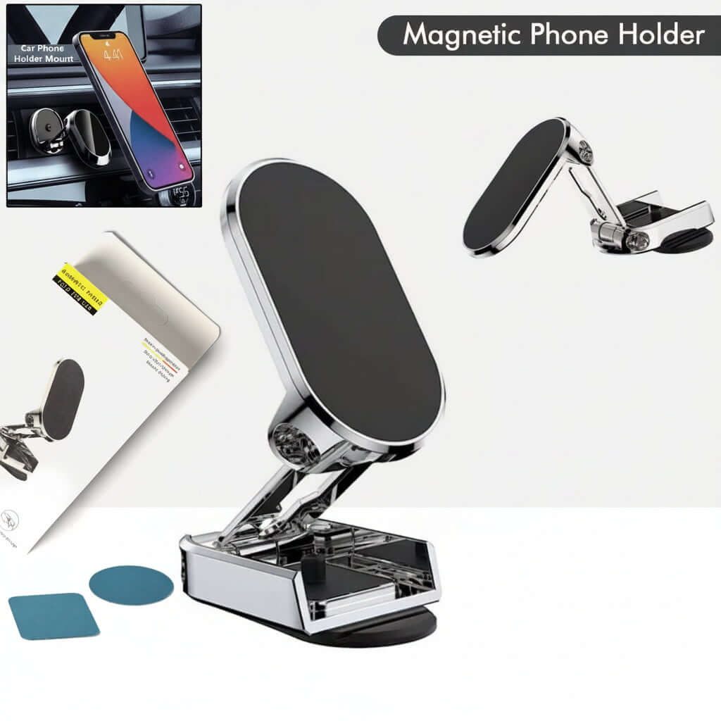 360 degree rotating magnetic car phone holder with sleek design and strong suction base.