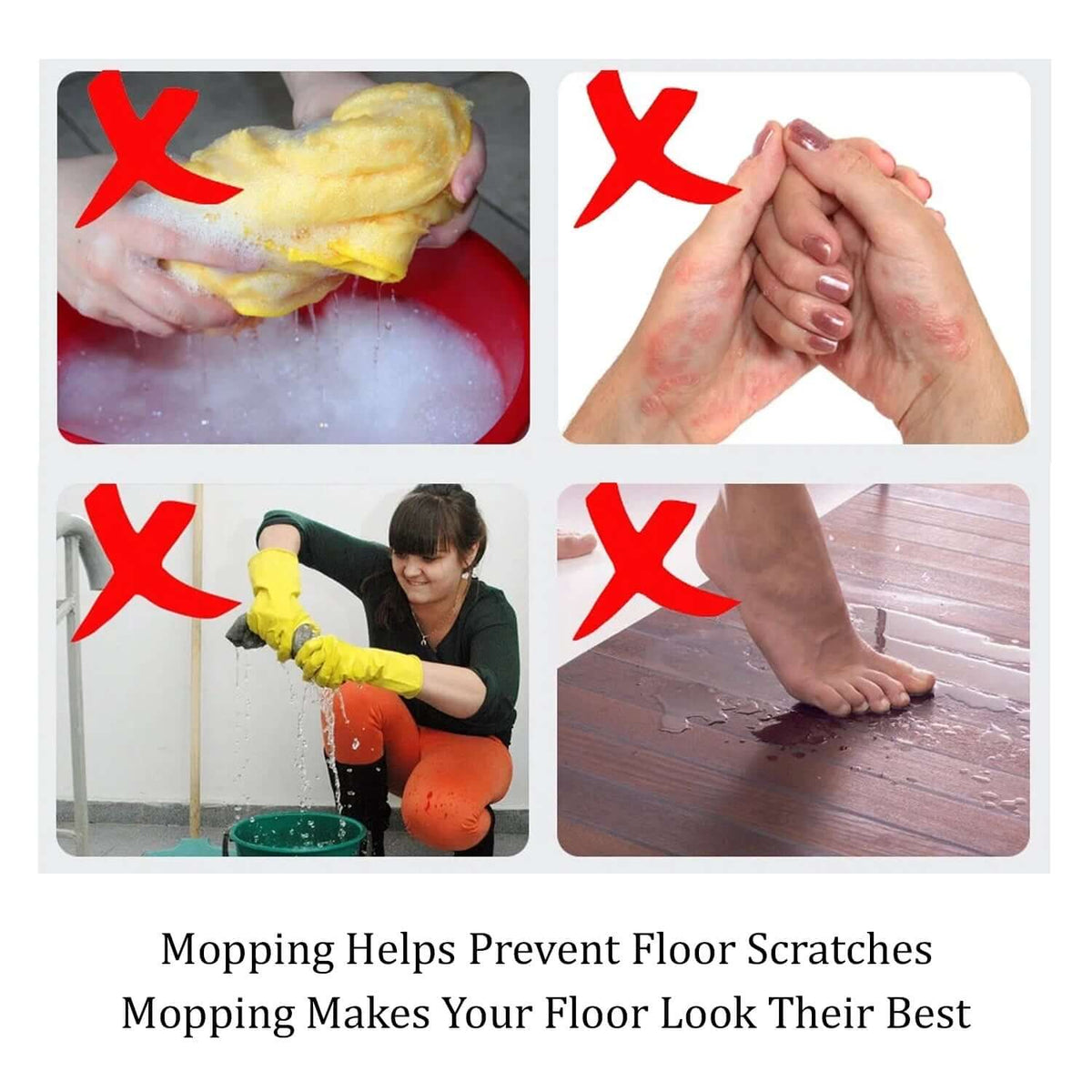 hands-free spin mop with wheeled bucket prevents hand contact with dirty water and reduces floor damage.