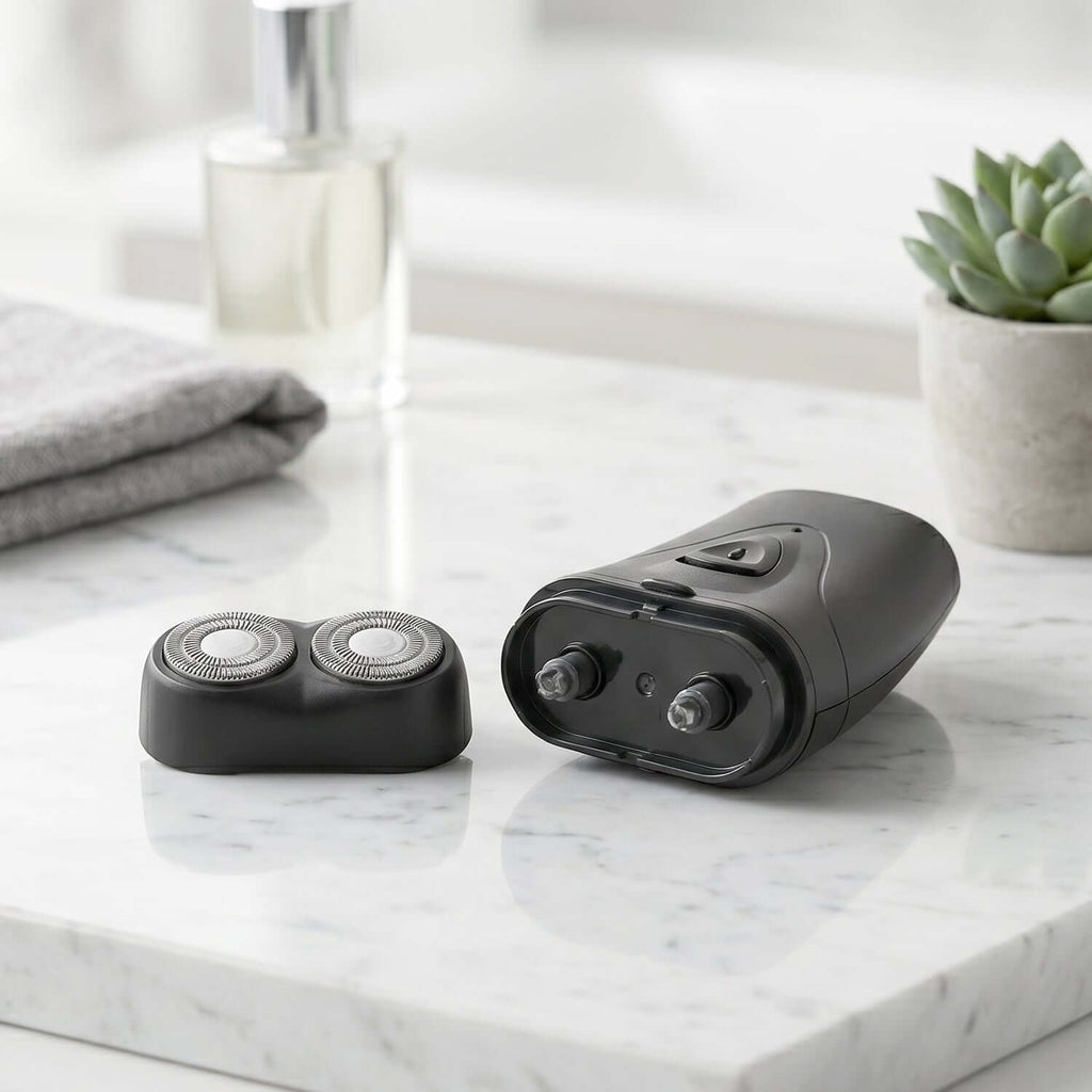 Portable cordless electric shaver for men on a marble countertop next to a small plant.