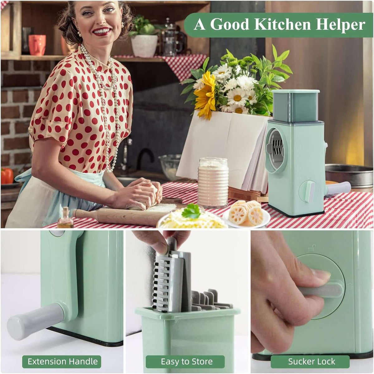 6-in-1 stainless steel vegetable chopper in a kitchen setting with a woman using it for meal prep.