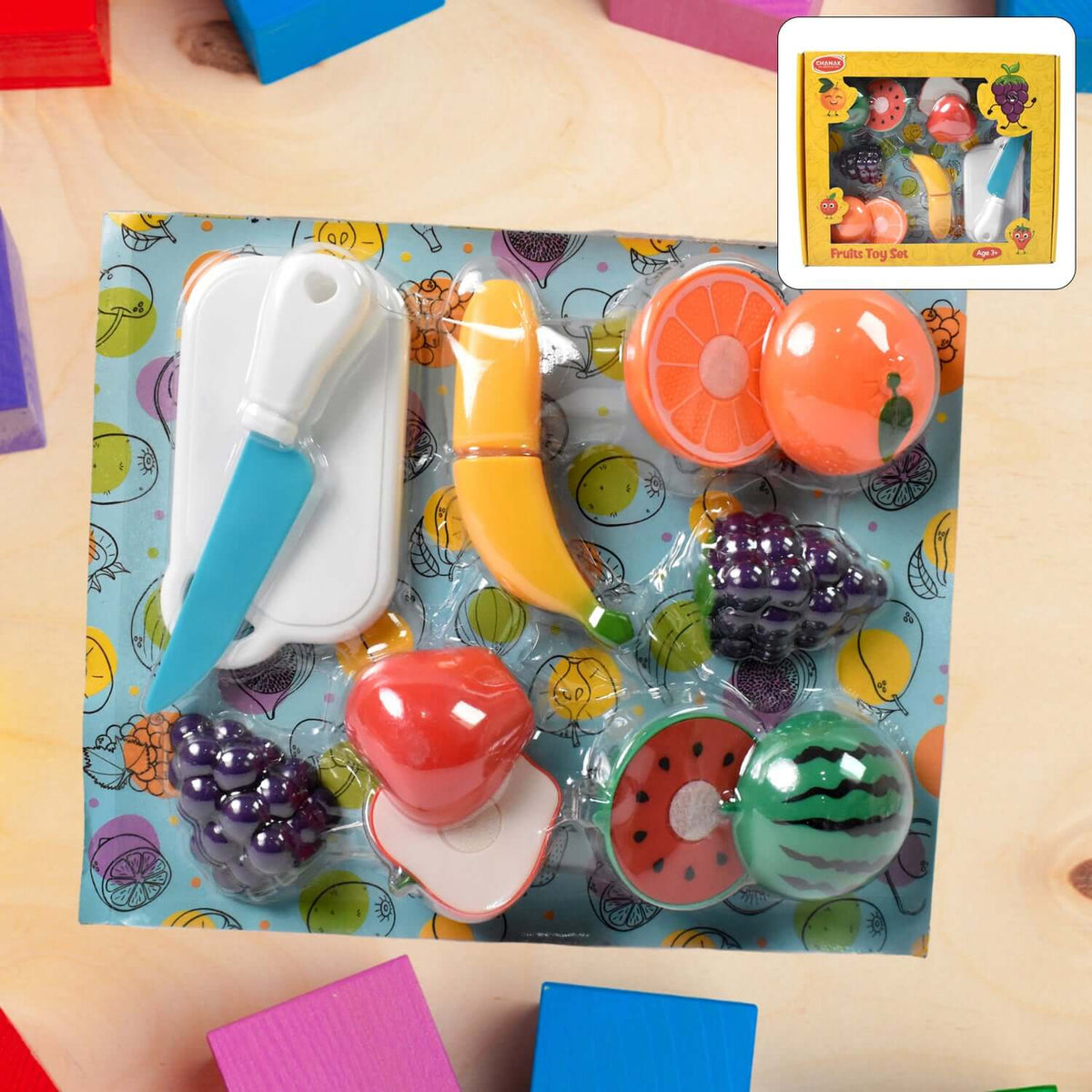 Pretend fruit cutting toy set including fruit, knife, and chopping board, perfect for kids to play kitchen.