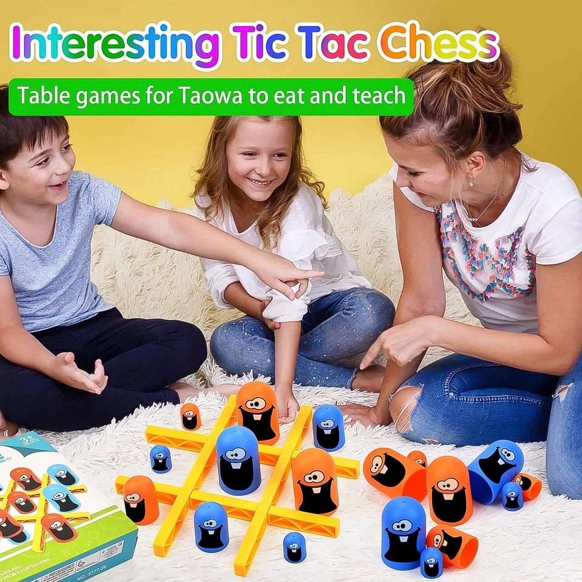 Tic Tac Toe Gobble game for kids with colorful tokens and players engaged in a fun activity.