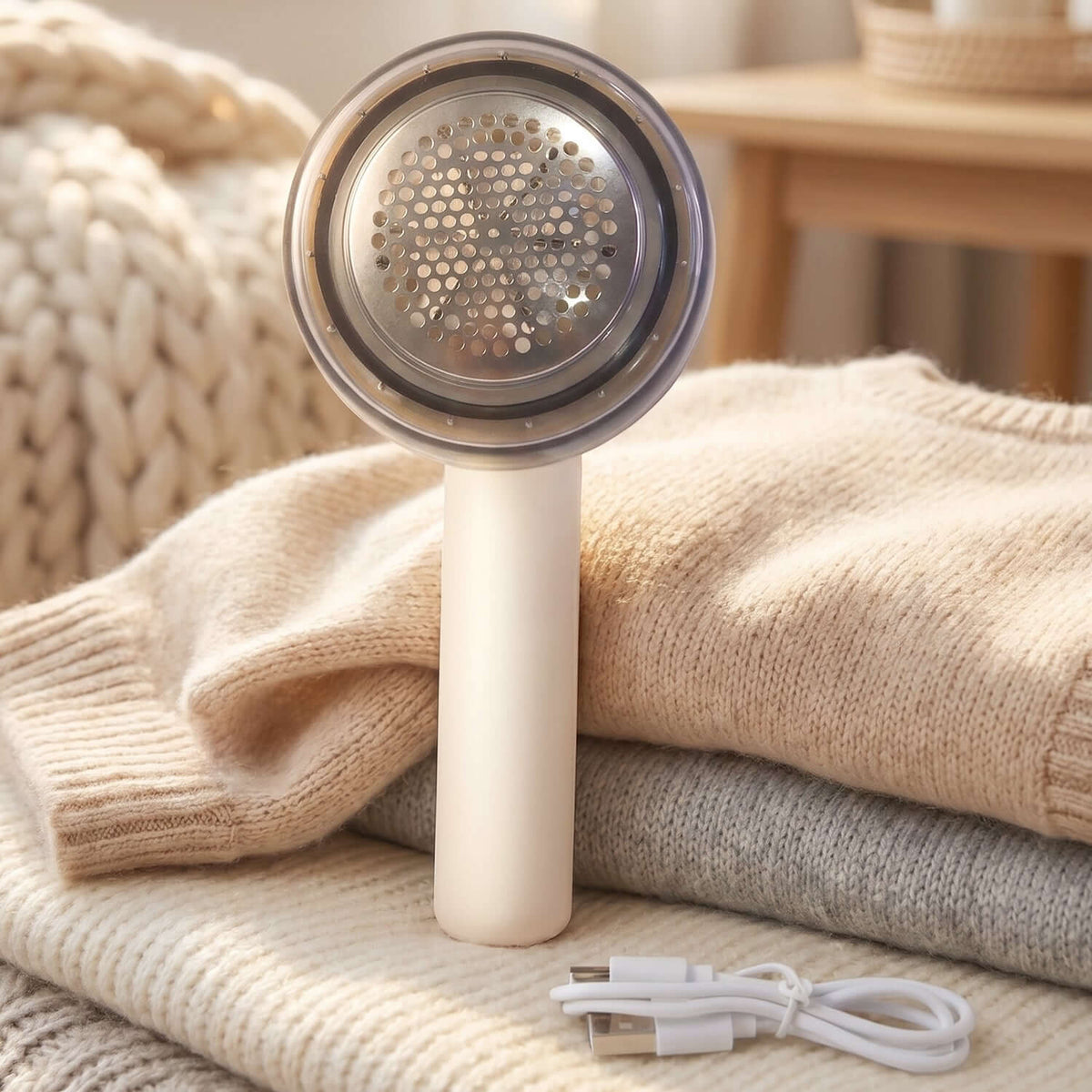 Rechargeable lint remover for clothes on knit fabrics, ideal for maintaining garment quality.