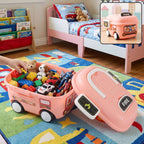 Fire truck toy storage box with lid and wheels, filled with toys and conveniently placed in a child's play area.