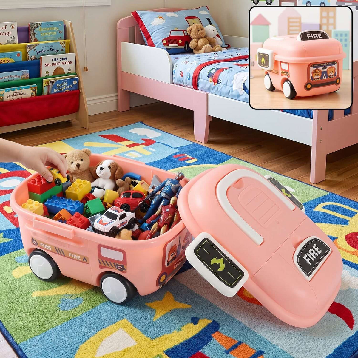 Fire truck toy storage box with lid and wheels, filled with toys and conveniently placed in a child's play area.