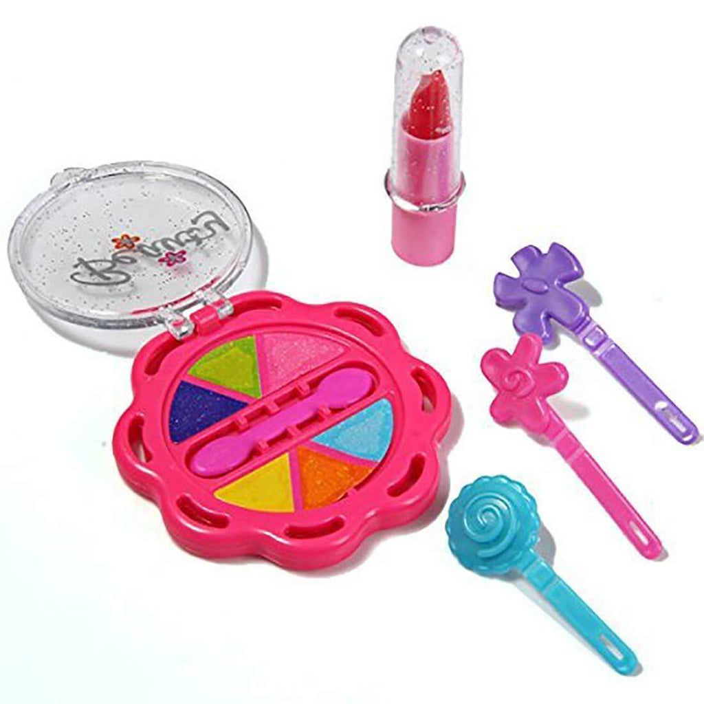 Colorful kids beauty makeup set suitcase featuring eye shadow, lipstick, and hair clips for pretend play.
