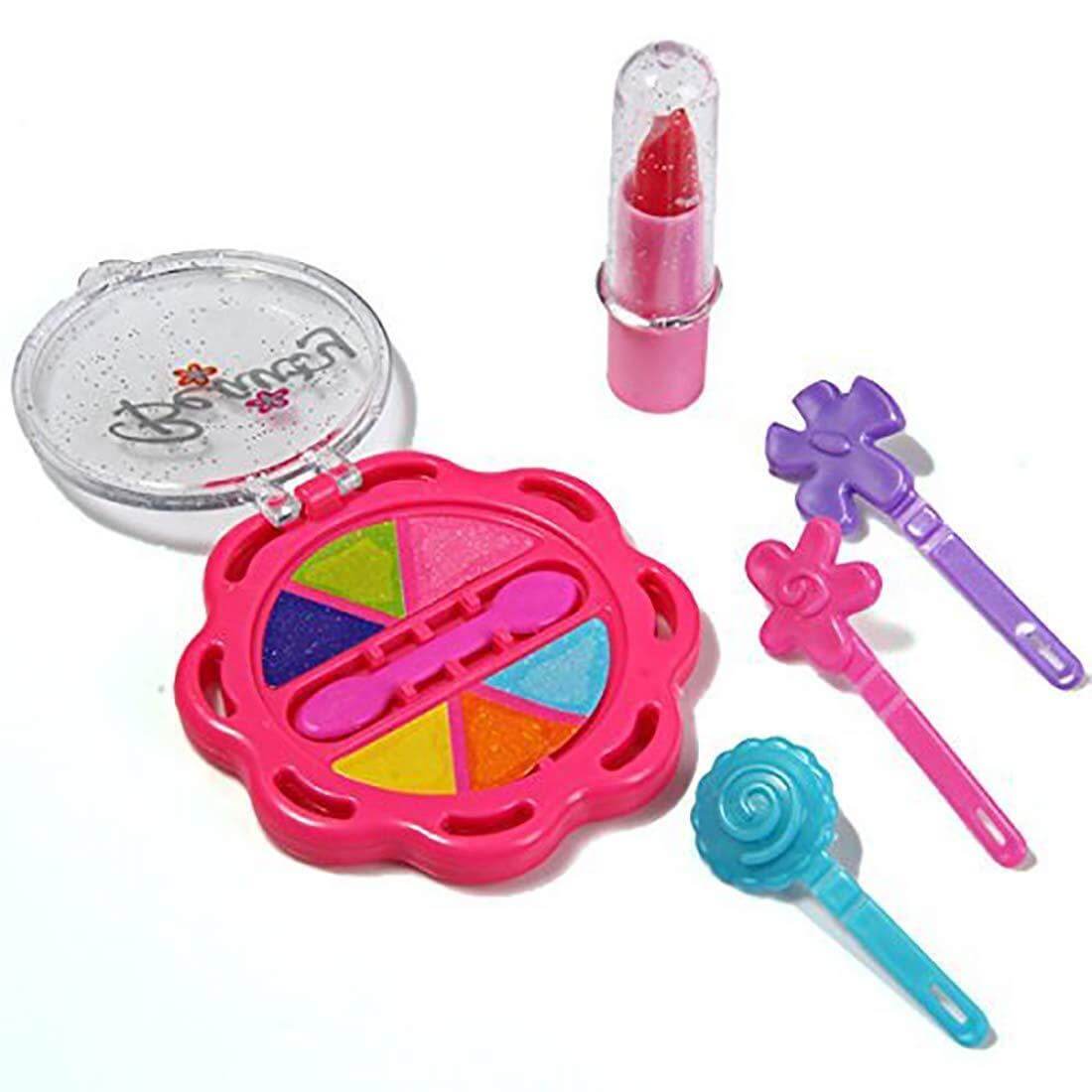 Colorful kids beauty makeup set suitcase featuring eye shadow, lipstick, and hair clips for pretend play.