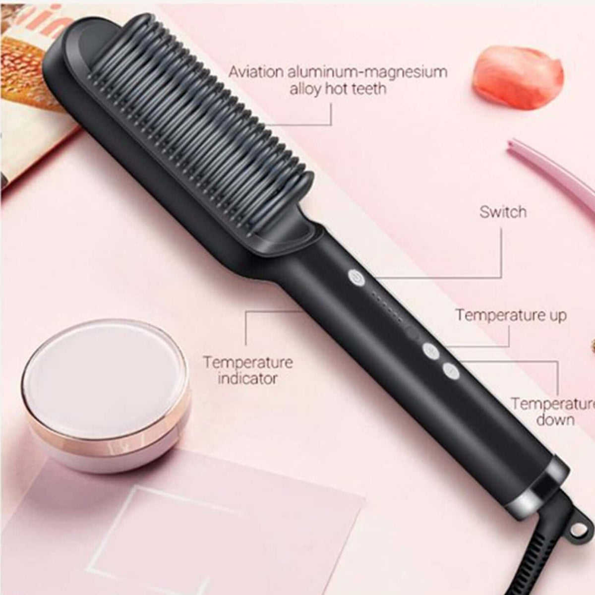Hair straightener brush with scalp massage features aviation aluminum-magnesium alloy hot teeth.