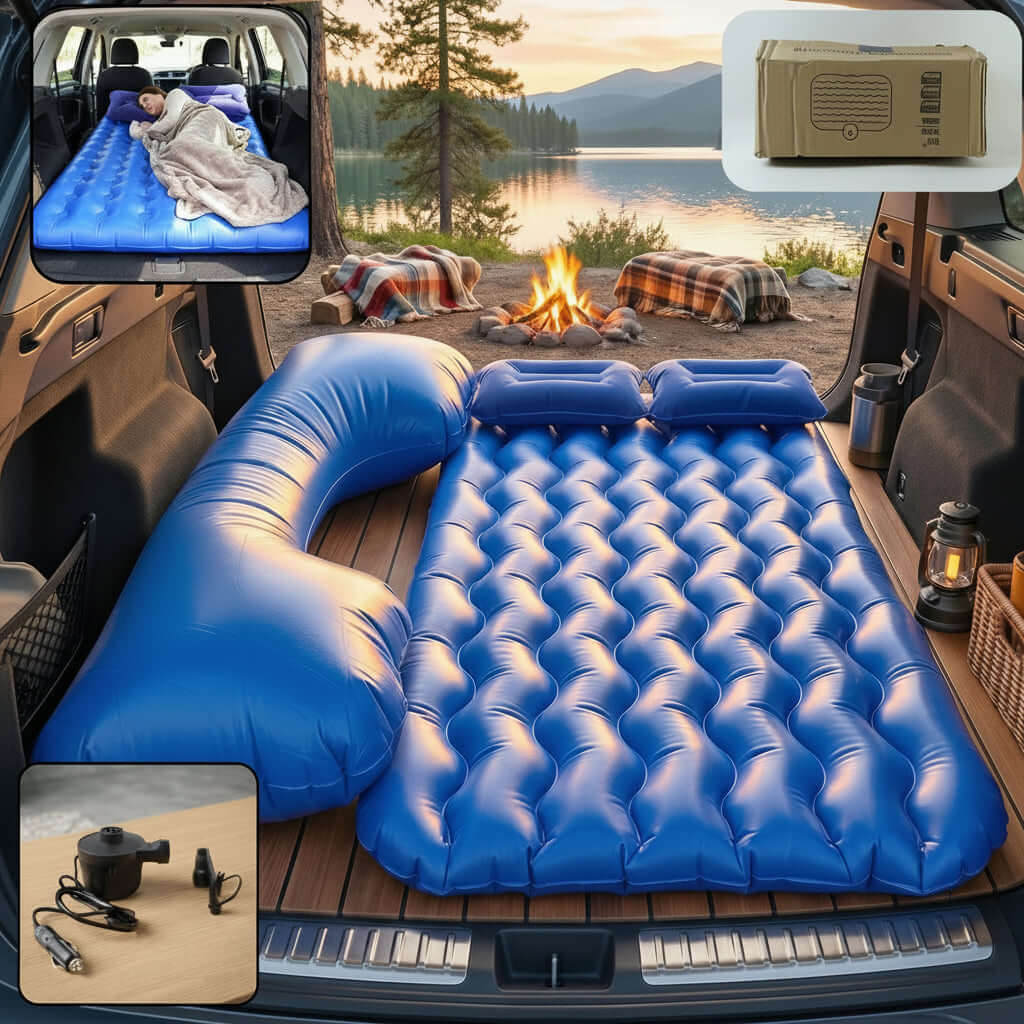 Car Air Mattress Bed Set with Inflatable Headrest in a car, featuring pillows and electric pump for travel comfort.