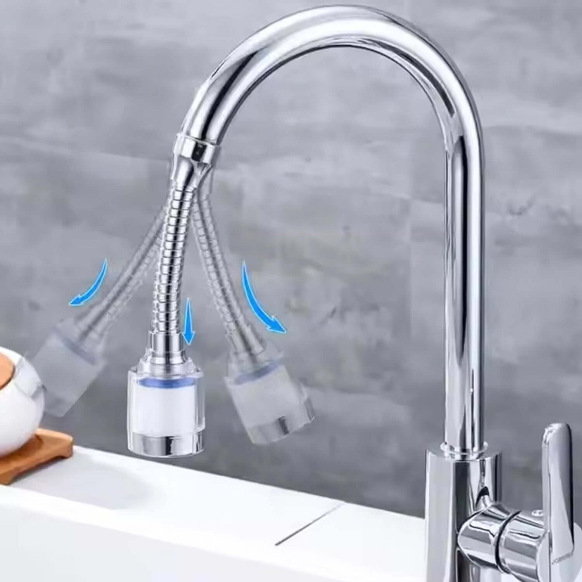 Water-saving faucet extender demonstrating a flexible tap design with dual spray modes.