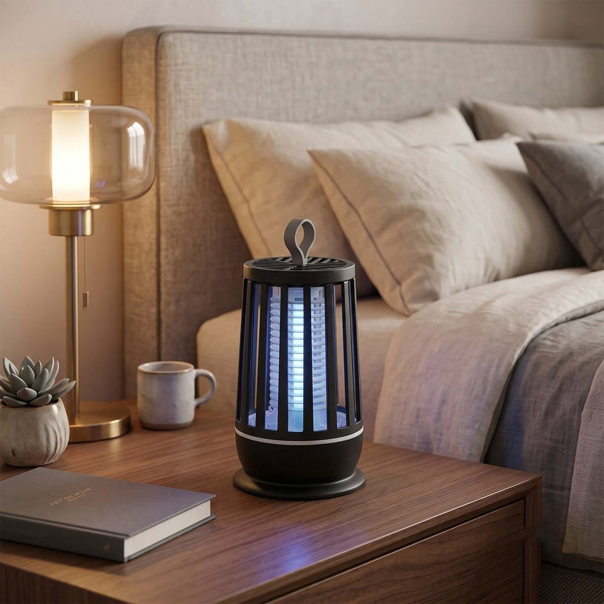Indoor electric mosquito killer lamp on a bedside table with modern decor.