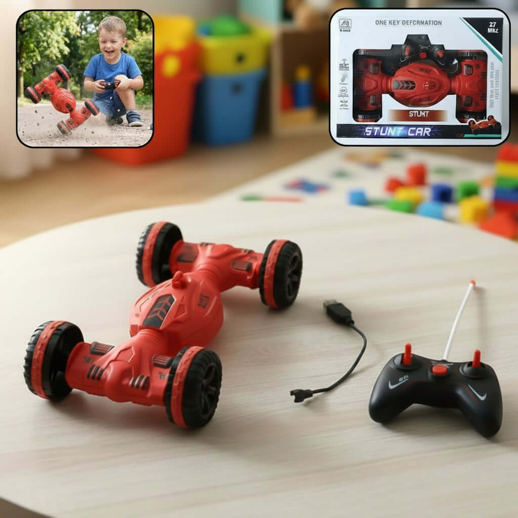 Remote control deformation stunt car with remote control, designed for 360° spins and all-terrain performance.