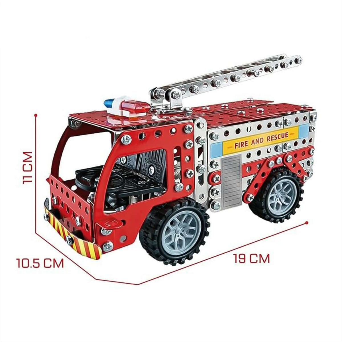 292-Piece Metal DIY Fire Truck Building Blocks showing dimensions of a metal fire truck building blocks.