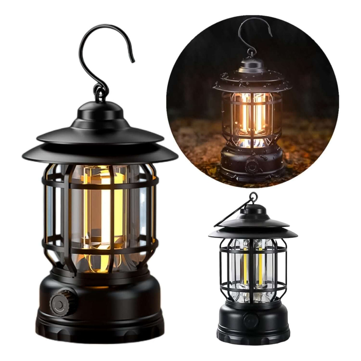 Retro LED Camping Lantern, Type-C rechargeable camping lantern with smooth dimming knob and 360 degree light.