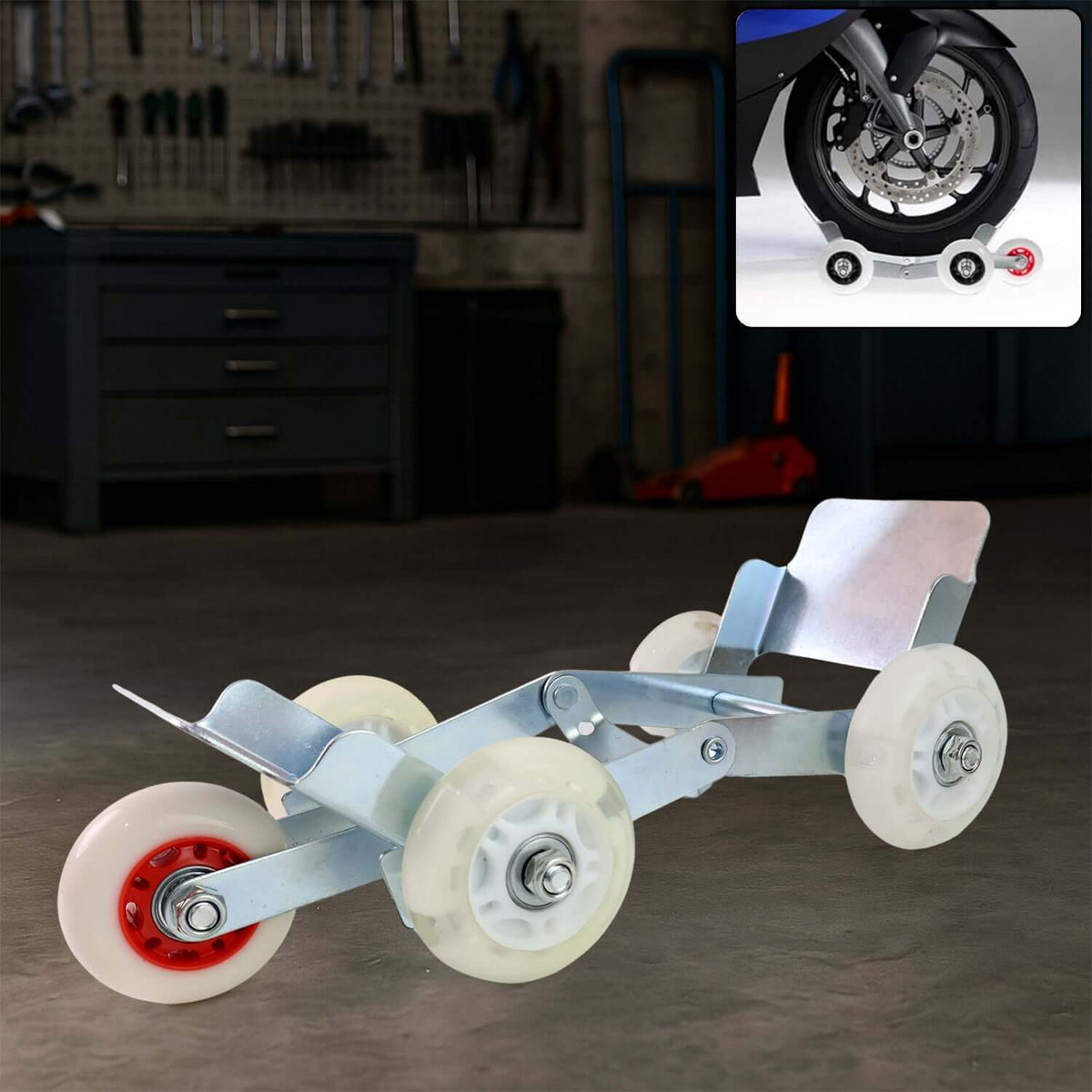 Heavy-duty motorcycle wheel stand with nylon rollers for easy bike maneuvering in tight spaces.