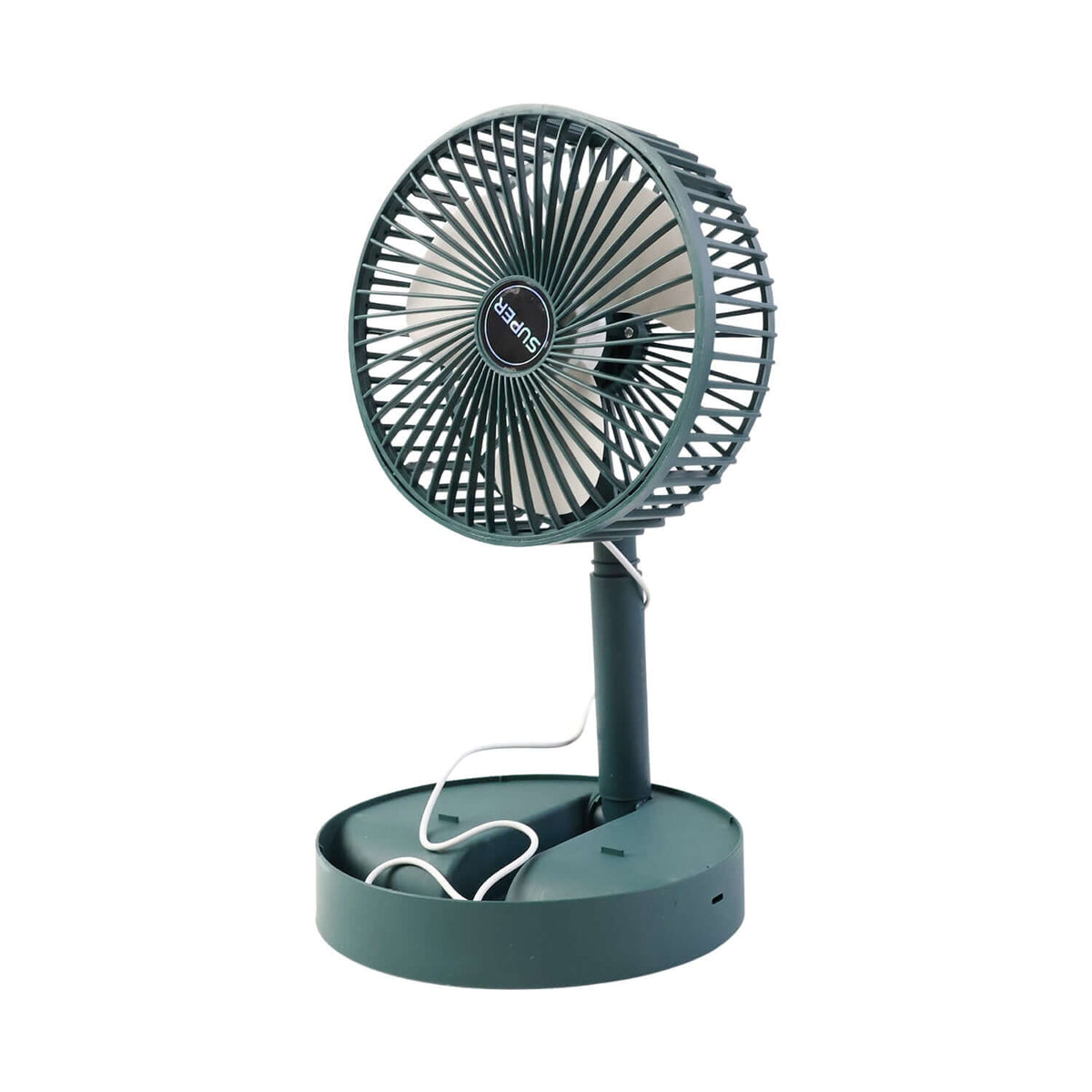 Foldable mini USB desk fan with adjustable height and quiet operation, perfect for desk use.