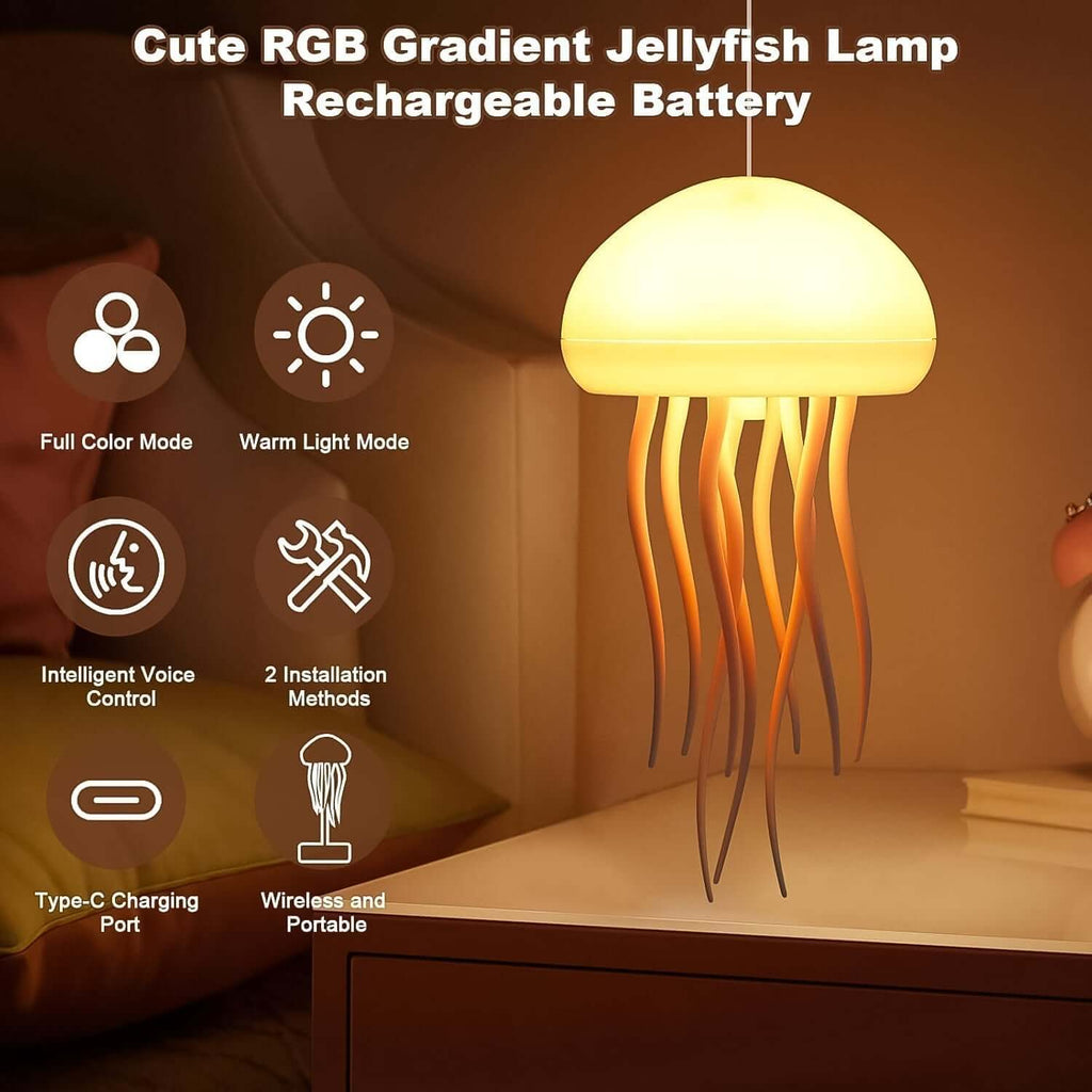 Cute RGB Gradient Jellyfish LED Mood Light Lamp (1 Pc) with rechargeable battery and multiple color modes.