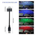 USB star night light projector showing colorful patterns on a car ceiling, ideal for parties and relaxation.
