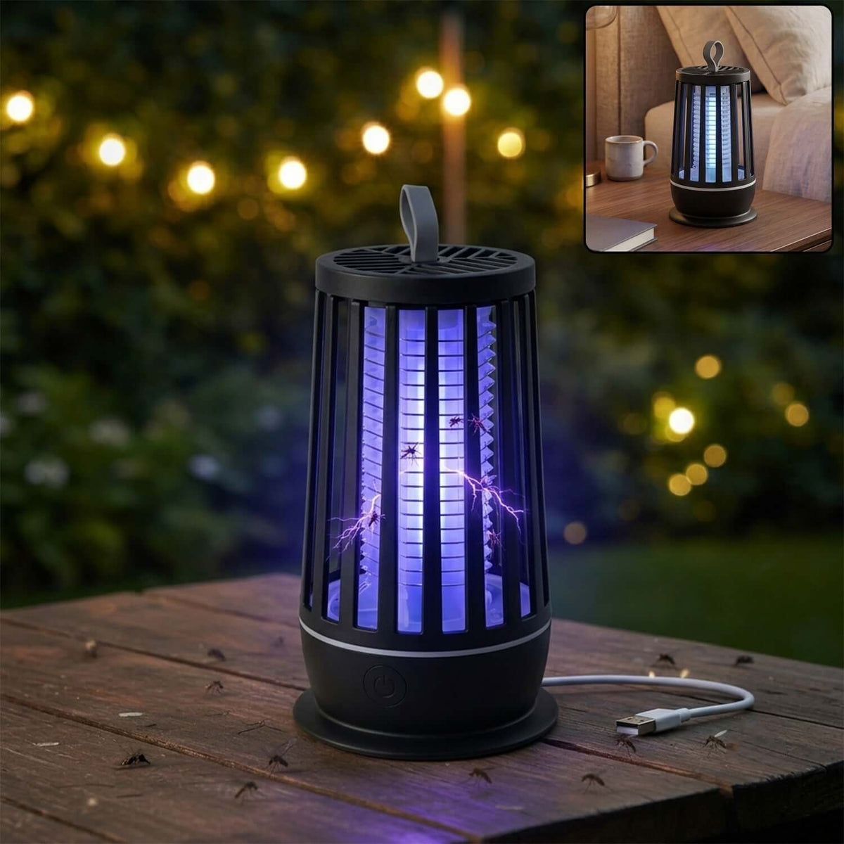 Indoor electric mosquito killer lamp using UV light to zap insects on a wooden table outdoors.