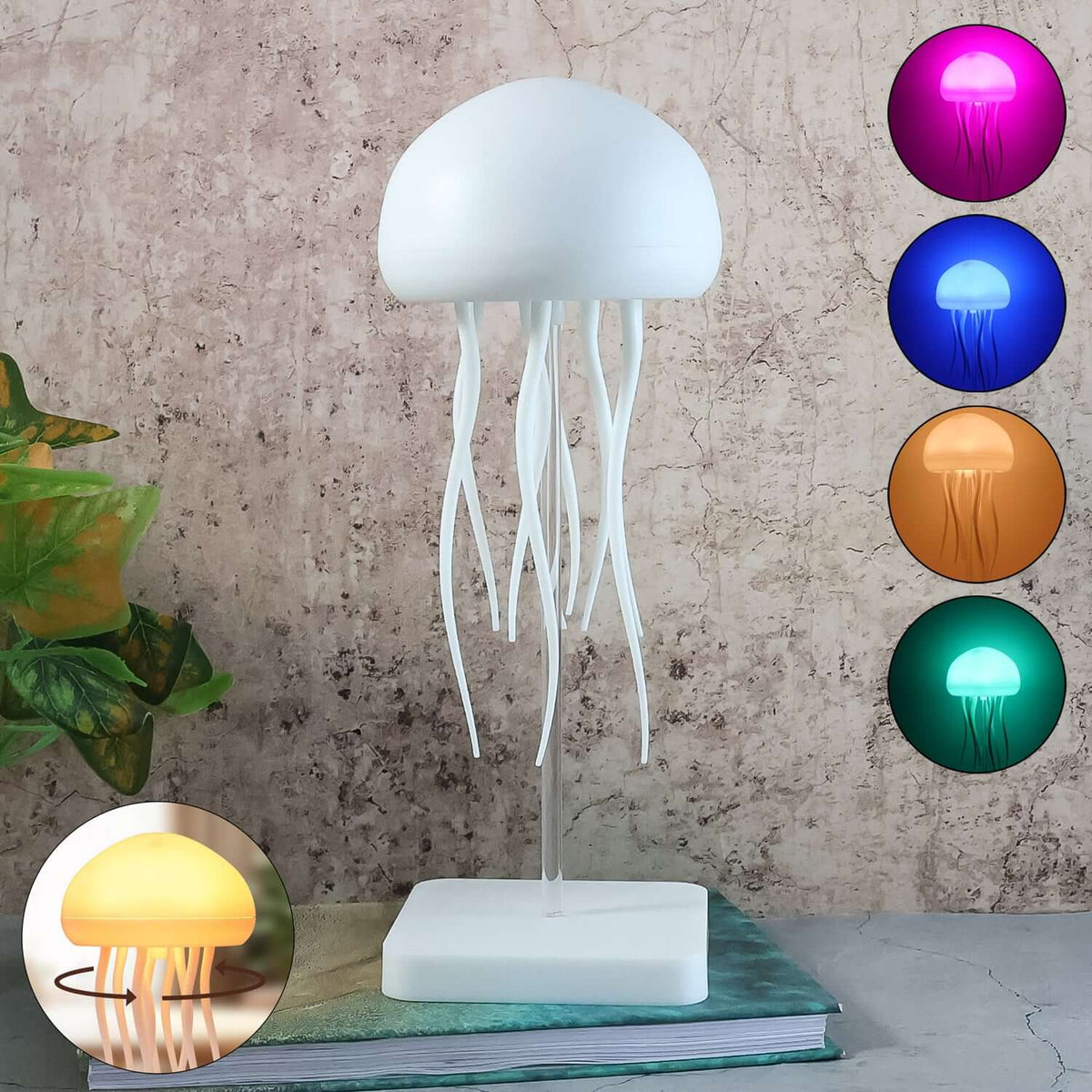 Jellyfish LED mood light with color-changing features enhancing room ambience.