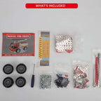 292-Piece Metal DIY Fire Truck Building Blocks components including wheels, instructions, and metal parts.