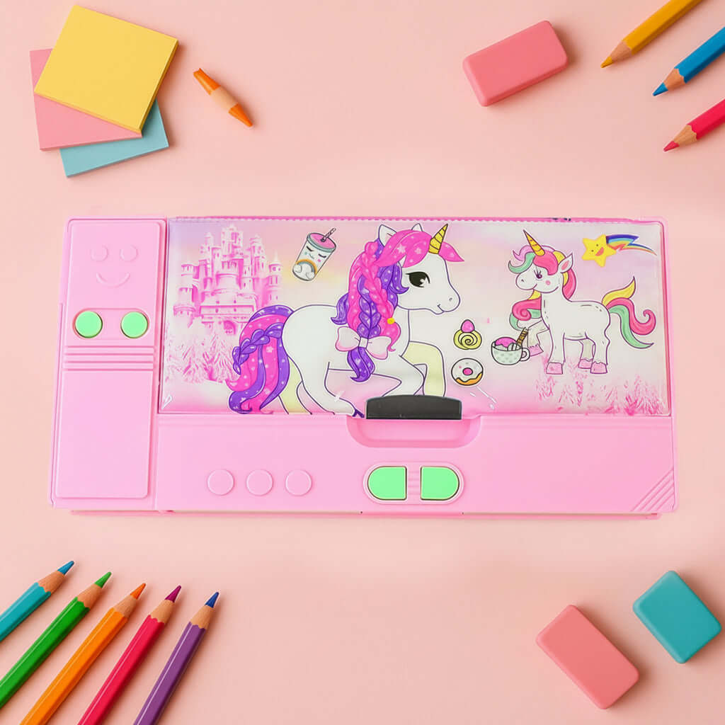 Jumbo Geometry Box with Calculator in pink featuring unicorn design, perfect for school and office use.