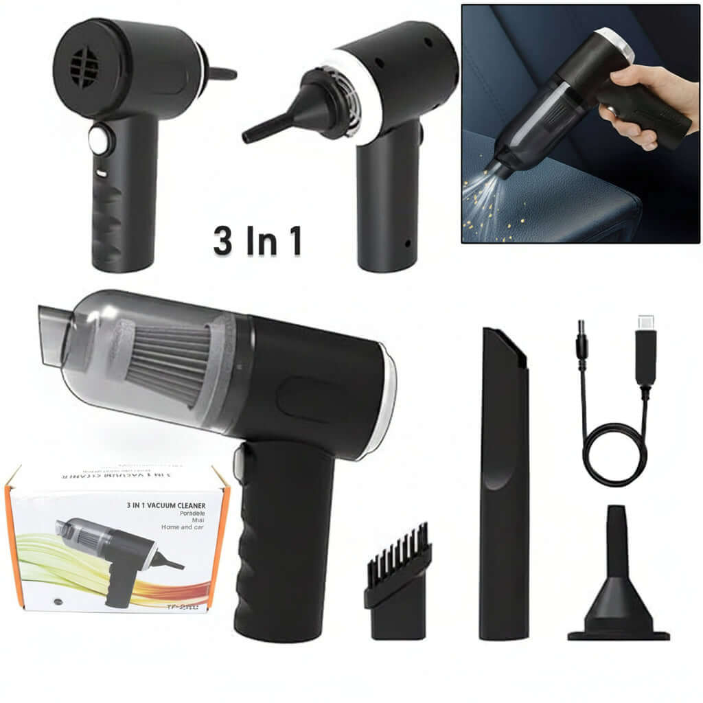 3-in-1 rechargeable car vacuum cleaner with blower, handheld design, and multiple attachments.